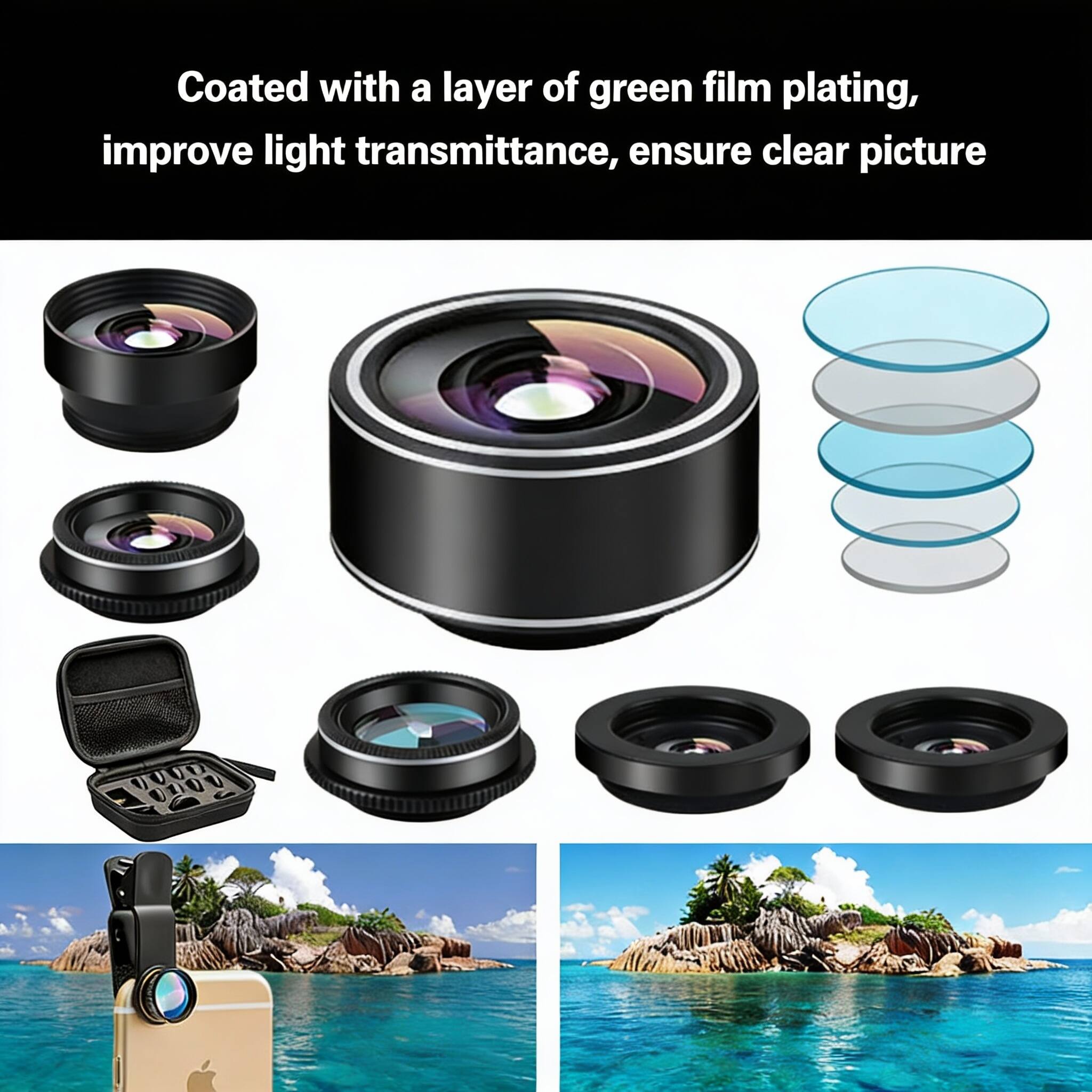 Coated with a layer of green film plating, improve light transmittance, ensure clear picture