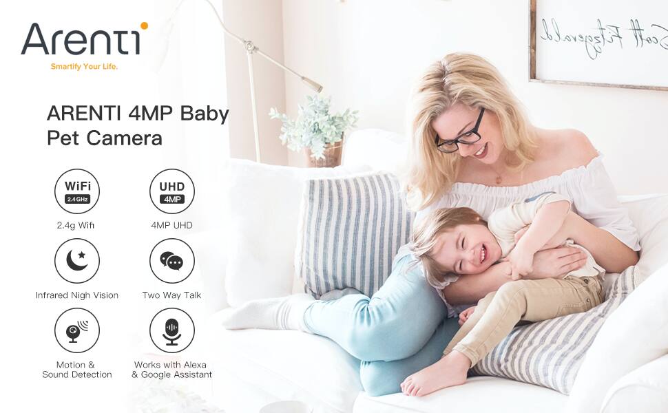Arenti Smartify Your Life. Arenti 4MP Baby Pet Camera WiFi 2.4GHz UHD 4MP Infrared Nigh Vision Two Way Talk Motion & Sound Detection Works with Alexa & Google Assistant