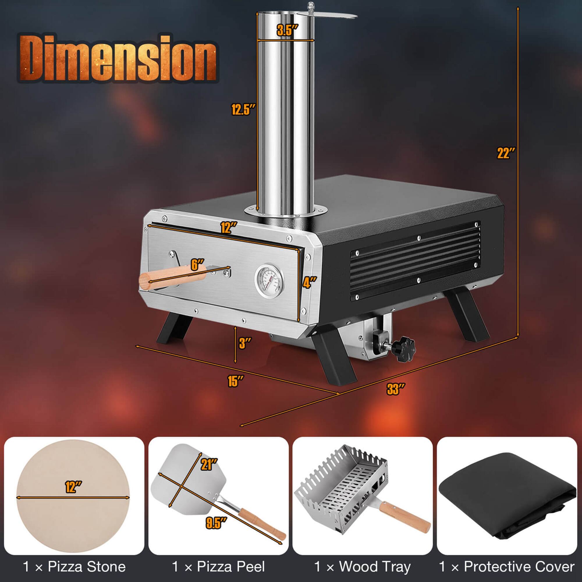 The image features a BBQ grill with a pizza stone and pizza peel. The grill is shown in various positions, including a close-up view. The image also includes a picture of a pizza on the grill, indicating that it can be used for cooking pizzas. The dimensions of the grill are provided in the image, with the height being 3.5 inches and the width being 12.5 inches. The image also includes a picture of a pizza peel and a wood tray, which can be used for cooking pizzas on the grill.
