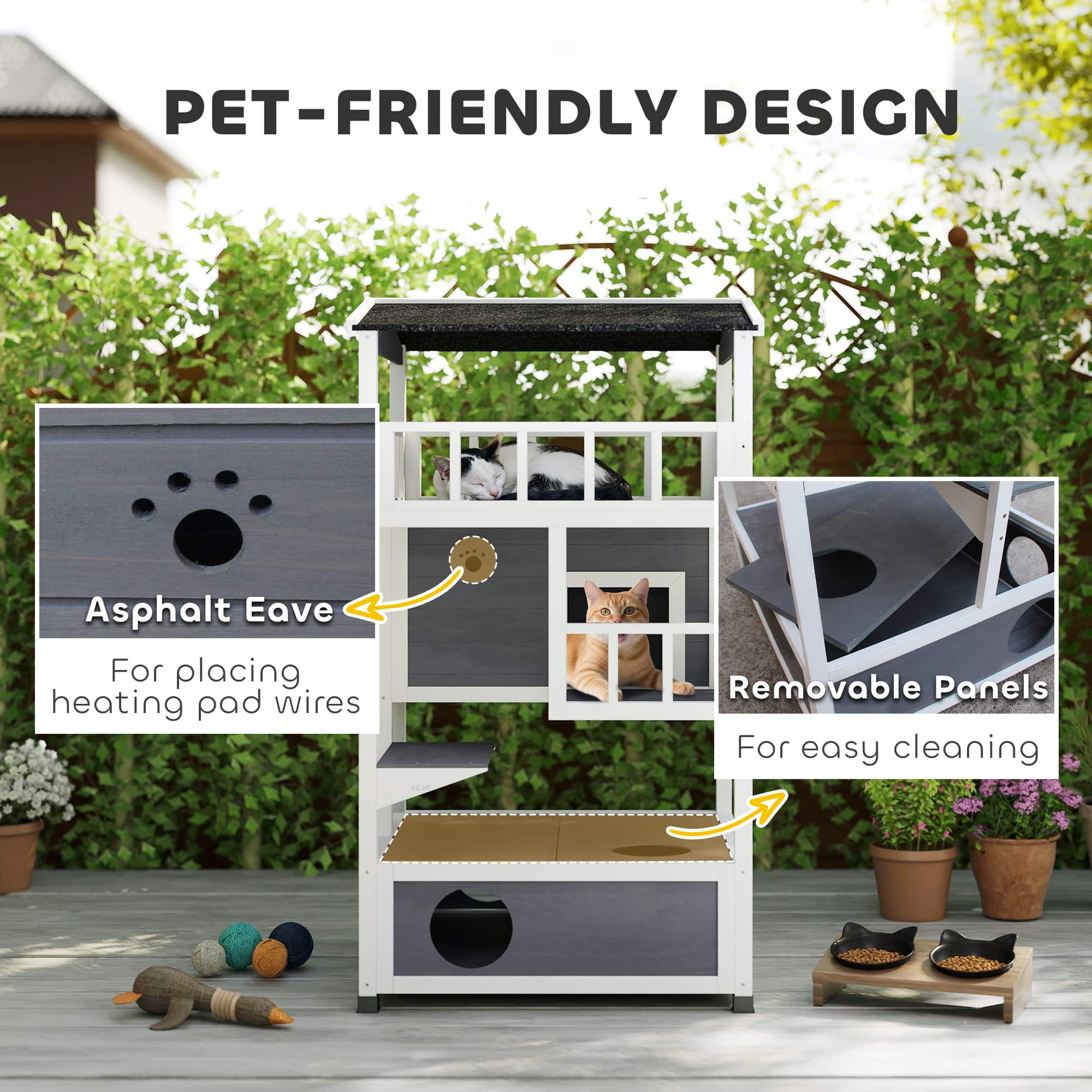 Pawhut Wooden Outdoor Cat House, Feral Cat Shelter Kitten Condo
