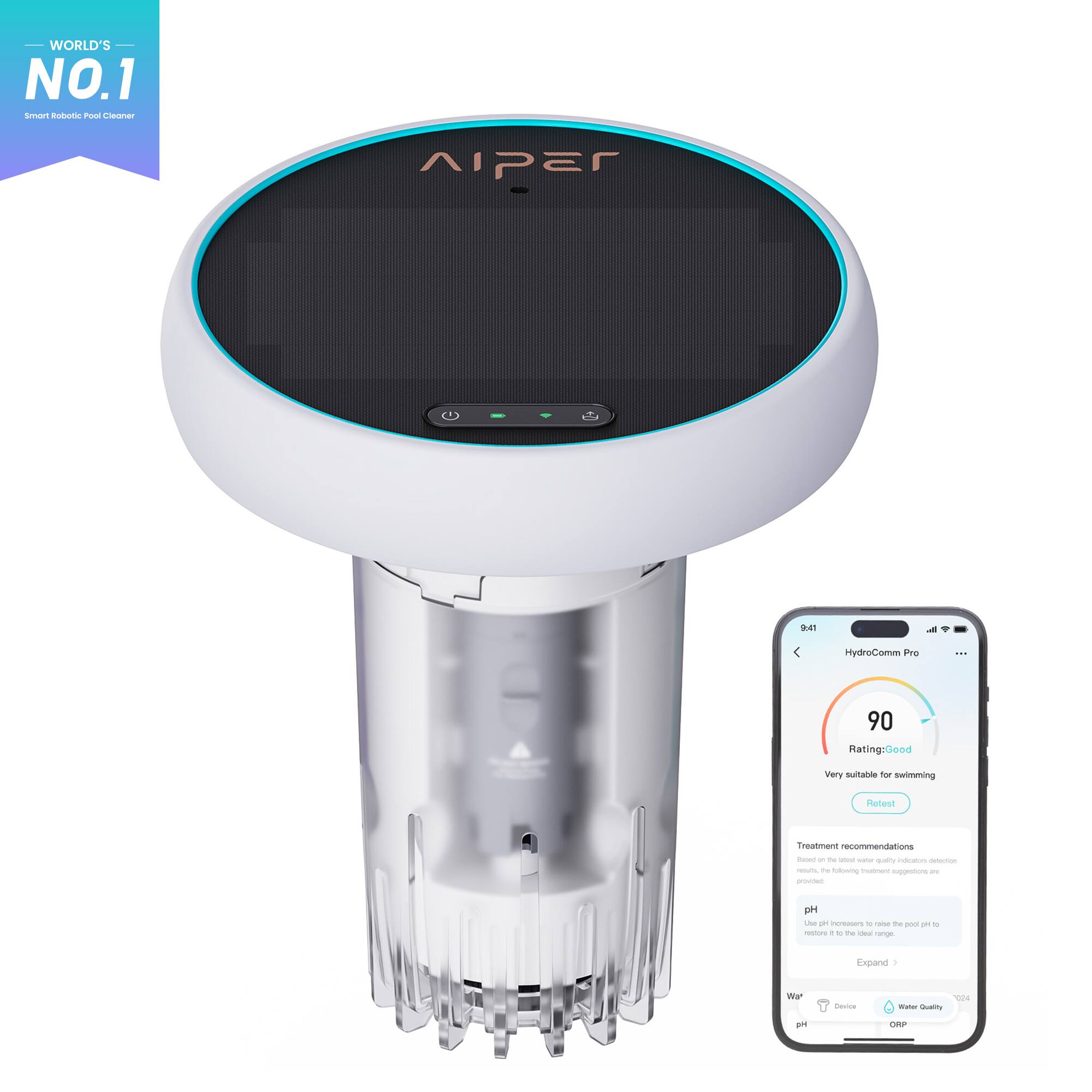 WORLD'S NO.1 Smart Robotic Pool Cleaner

AIPER

HydroComm Pro

Rating: Good
Very suitable for swimming

Treatment recommendations
Based on the linked water quality detection provided, the following treatment suggestions are provided.

pH
The pH value is within the ideal range for the pool to be safe for swimming.

Expand

Water
Device
Water Quality
pH
OFF