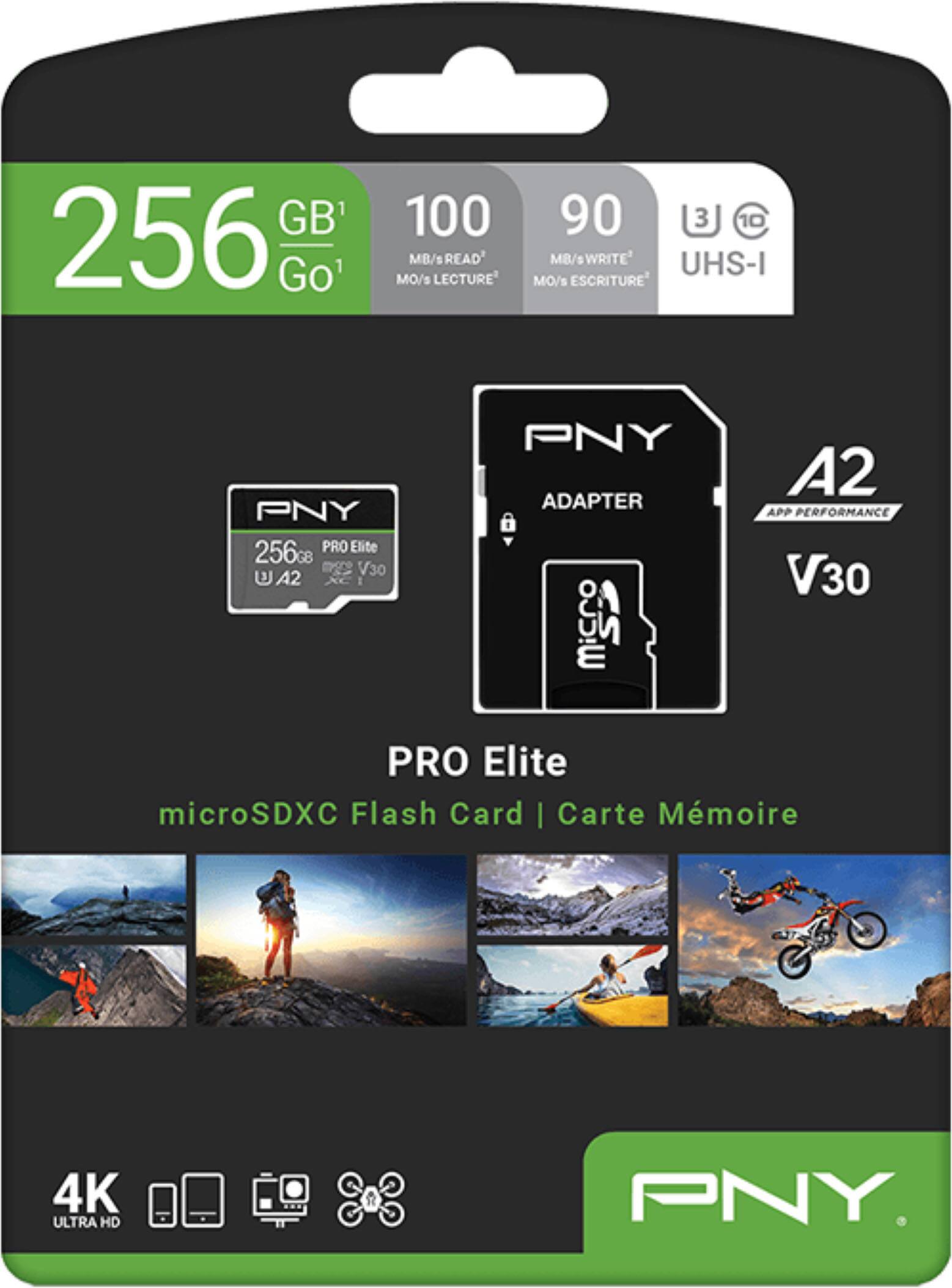 Sure, here is the corrected and grouped text from the image:

---

**PNY**

**256 GB**  
100 MB/s READ  
90 MB/s WRITE  
UHS-I  
A2  
V30  

**PRO Elite**  
microSDXC Flash Card | Carte Mémoire  

**4K ULTRA HD**  

**PNY 256 GB PRO Elite V30 A2**  
UHS-I  
A2  
V30  

**ADAPTER**  

**APP PERFORMANCE**  

---

This text includes the key specifications and features of the PNY 256 GB microSDXC Flash Card.