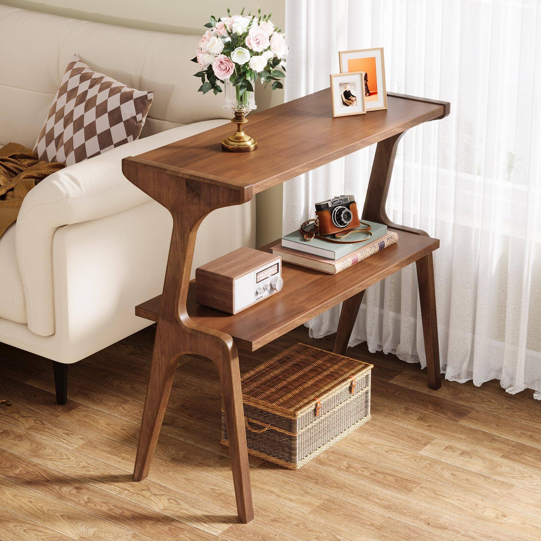 Back. APRILSOUL - Solid Wood Side Table 2-Tier Farmhouse Couch Side Table Rustic with Storage Shelf for Living Room - Walnut.