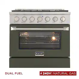 Kucht - 36" Dual Fuel Range for NG, 5.2 cu. ft., SS/Olive Green Door, Sealed Burners, Convection Oven - Olive Green