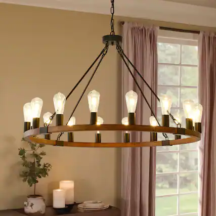 Front. RYHNUYNE - 16 Lights Wooden Wagon Wheel Chandelier,40'' Rustic Light Fixtures, Farmhouse Round Chandelier for Living Dining Room - Brown.