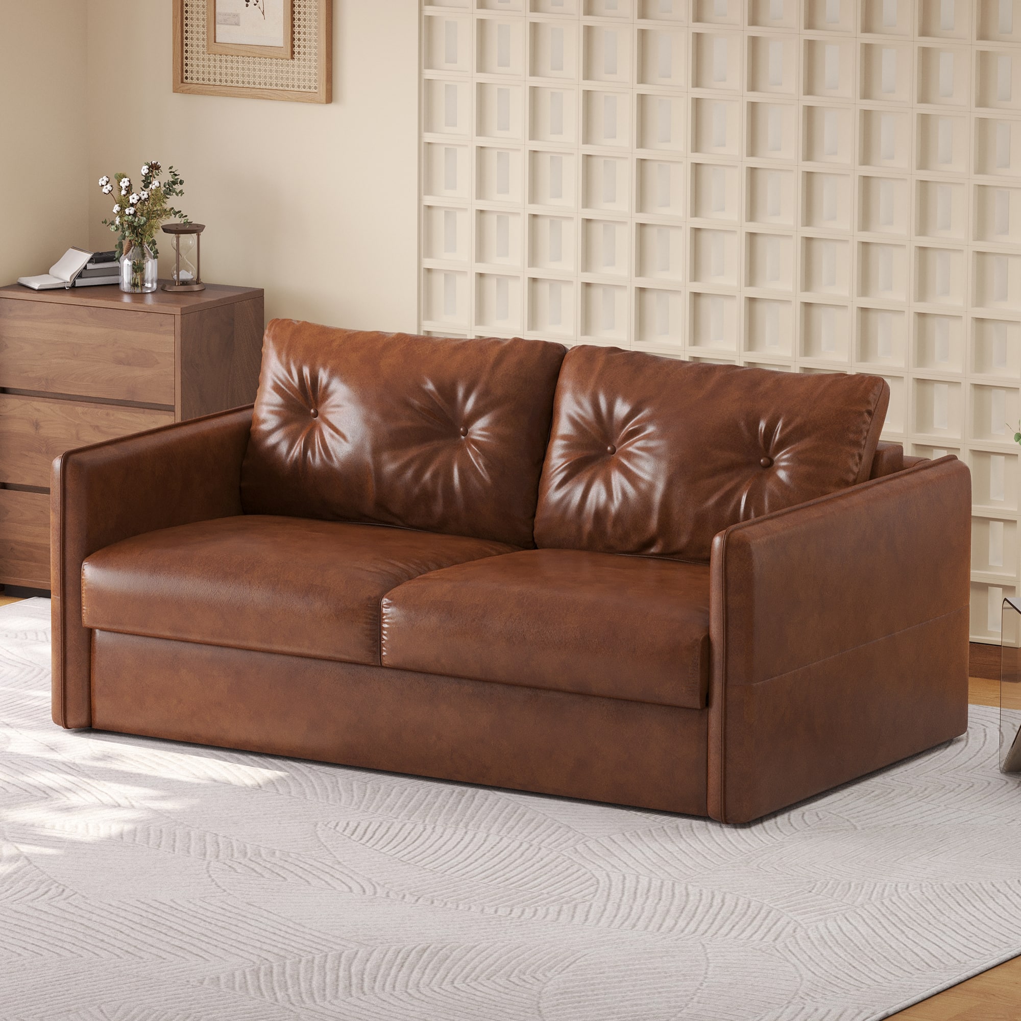 "luck idea - 63"" Modern Sleeper Sofa Bed, Oil Wax Leather Couch with High-Density Foam Cushions (Mattress Included) - Brown" price history on PriceWatchPro
