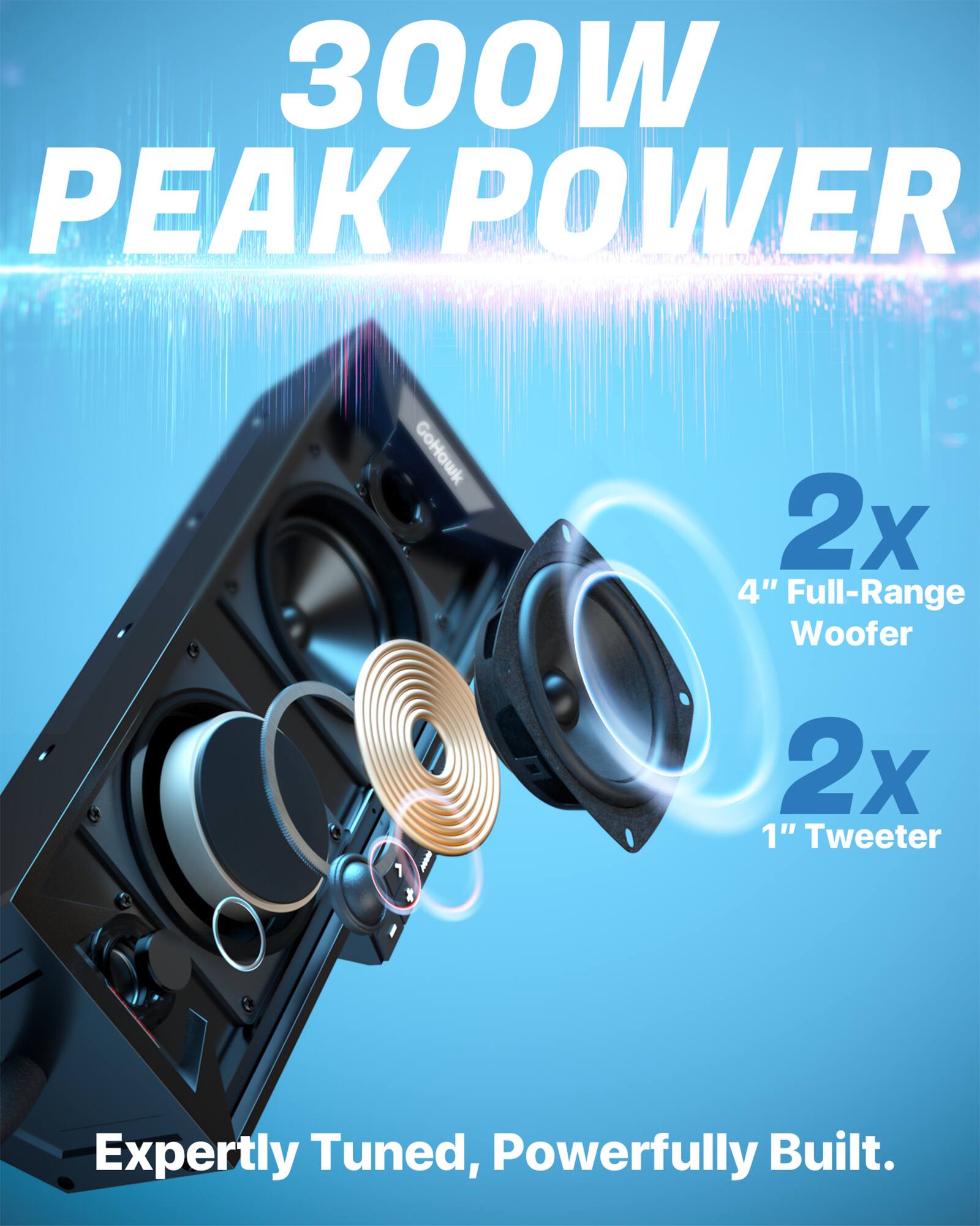 300W PEAK POWER  
GoHawk  
2x 4" Full-Range Woofer  
2x 1" Tweeter  
Expertly Tuned, Powerfully Built.