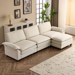 Winado - Coarse Cotton L-Shaped Sectional Modular Deep Seat Sofa Couch with Footstool for Living Room Apartment, Studio, Office - White