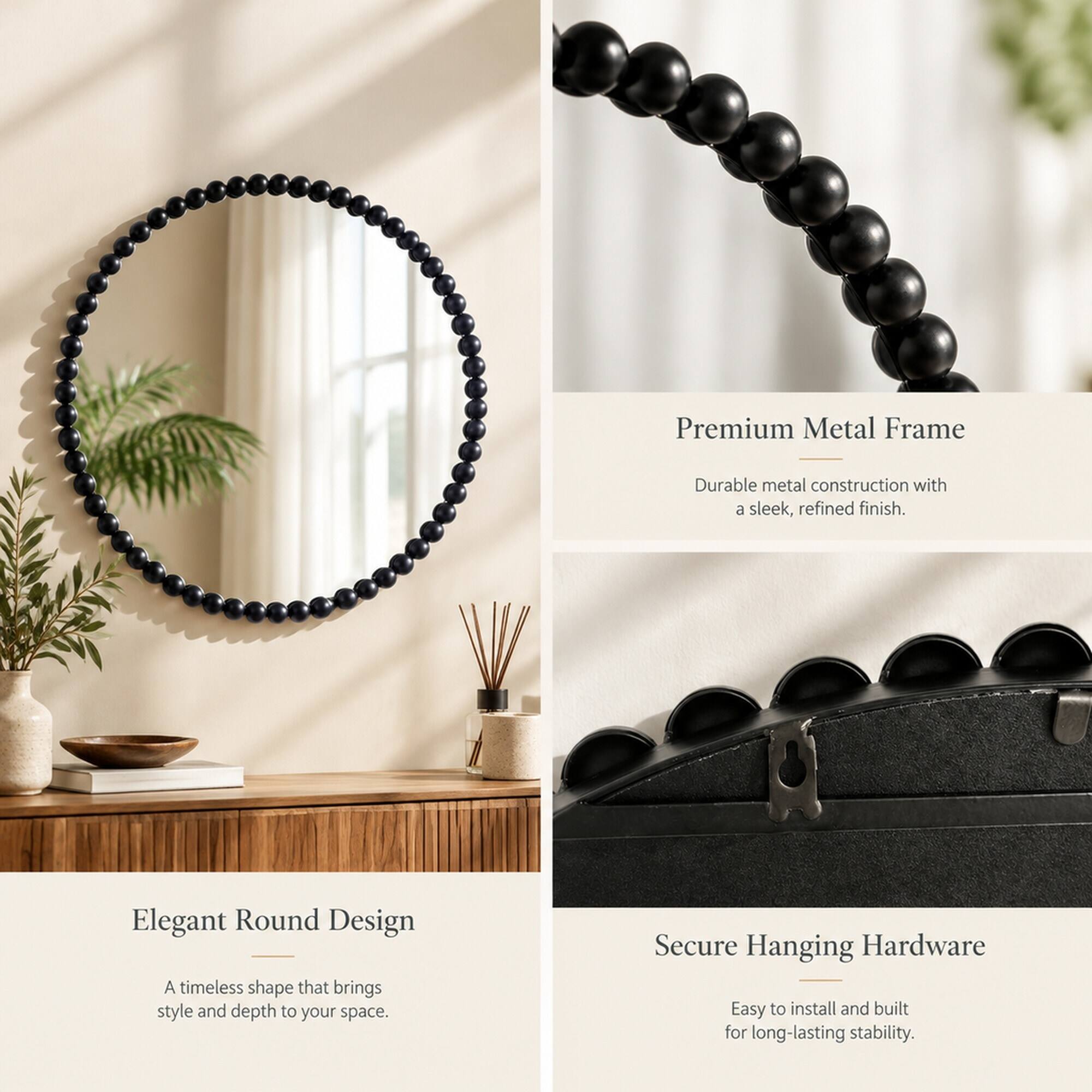 Premium Metal Frame  
Durable metal construction with a sleek, refined finish.  

Elegant Round Design  
A timeless shape that brings style and depth to your space.  

Secure Hanging Hardware  
Easy to install and built for long-lasting stability.