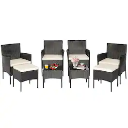 Costway - 8PCS Patio Rattan Furniture Set Sofas Ottomans Cushioned Table Free Combination - Black,Off White