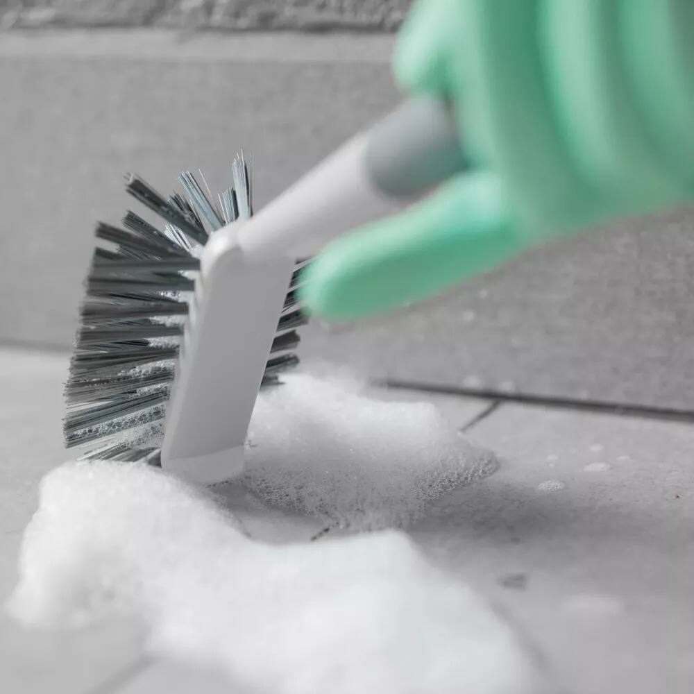 Left. OU - OU Multipurpose Scrub Brush w Built-In Scraper, Cleaning Scrubber Brush for Bathroom & Kitchen.