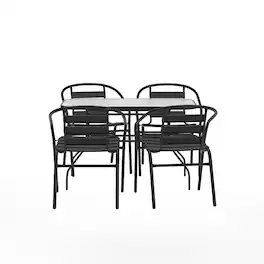 Flash Furniture - Lila 5 Piece Commercial Outdoor Patio Dining Set with 47" Tempered Glass Patio Table with Umbrella Hole and 4 Trip - Black