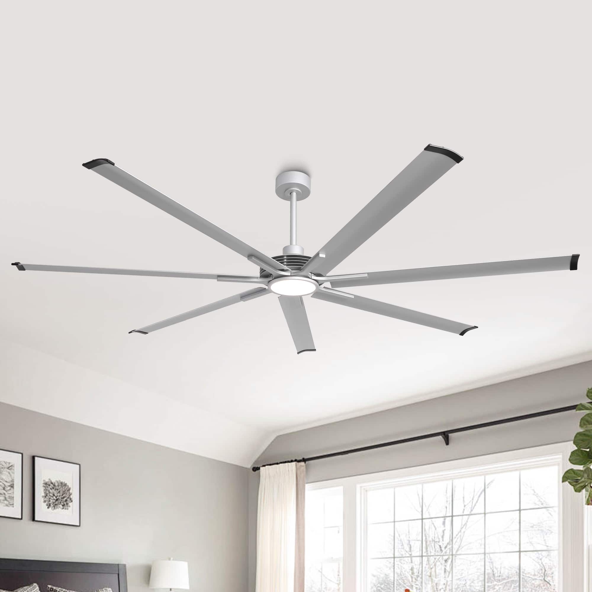 Parrot Uncle - 84" Indsutrial Aluminum Extra Large Ceiling Fan with Light, Aluminum Blades and Remote - Silver
