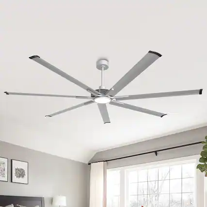 Front. Parrot Uncle - 84" Indsutrial Aluminum Extra Large Ceiling Fan with Light, Aluminum Blades and Remote - Silver.