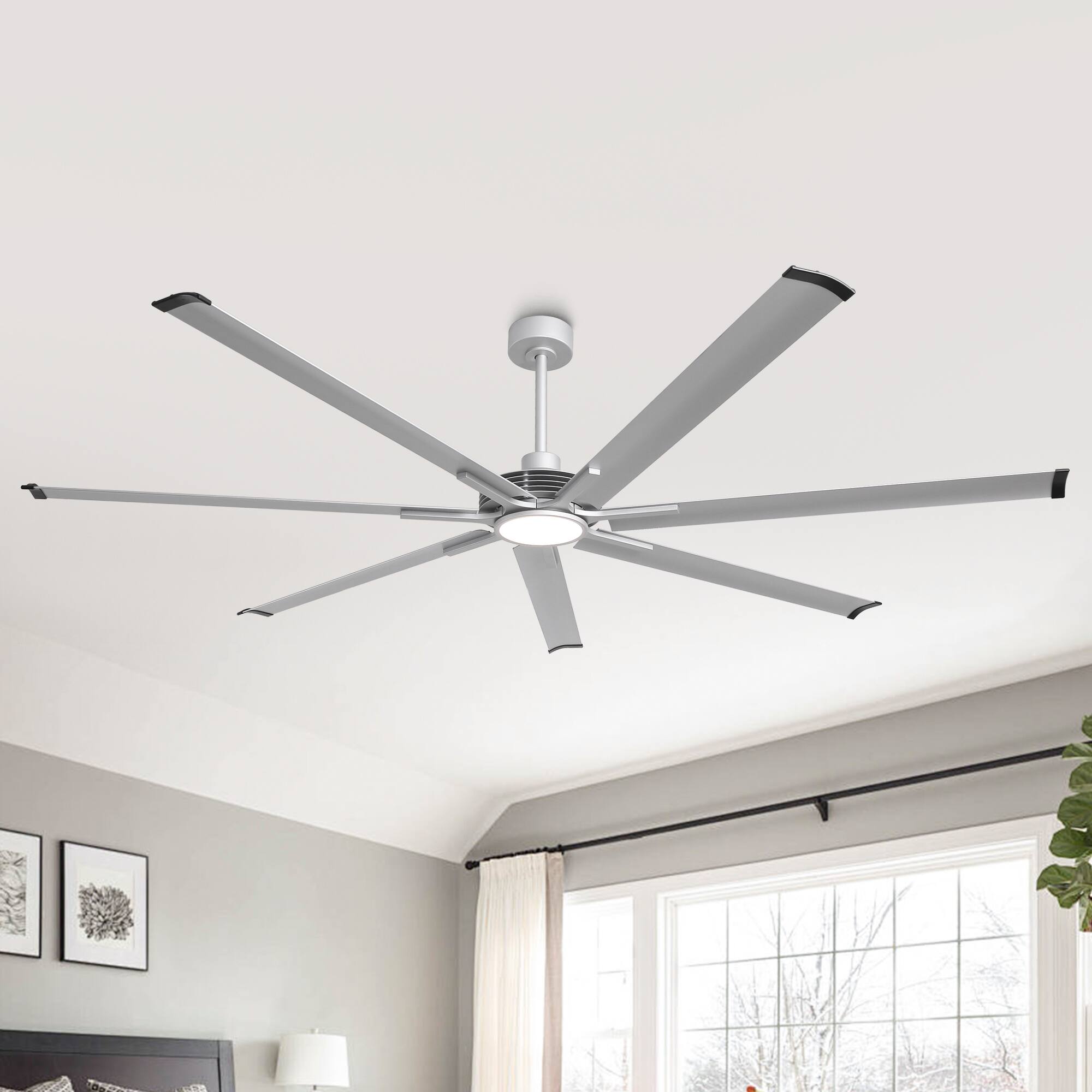 Front. Parrot Uncle - 84" Indsutrial Aluminum Extra Large Ceiling Fan with Light, Aluminum Blades and Remote - Silver.