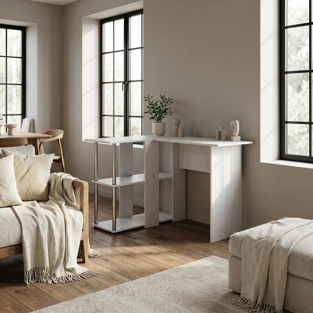 Left. BisonOffice - White Oak L-Shape Desk, Bookshelf And Stainless Steel Tubes For Office Spaces - White Oak/Chrome.