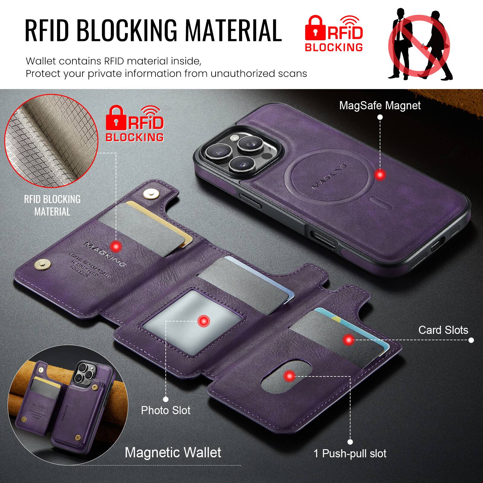 RFID BLOCKING MATERIAL

Wallet contains RFID material inside, Protect your private information from unauthorized scans

RFID BLOCKING RFID BLOCKING MATERIAL

MagSafe Magnet

Card Slots

Photo Slot

Magnetic Wallet

1 Push-pull slot
