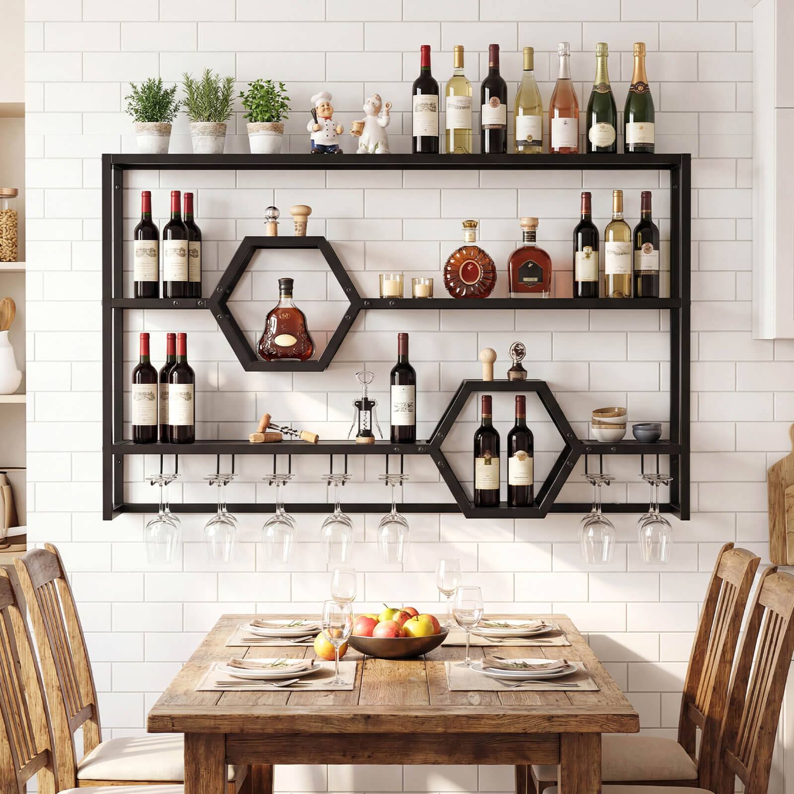 Alt View 3. Costway - Costway Wall Mounted Wine Rack 47" Large Floating Bar Shelves with Glass Holder for Kitchen - Black.