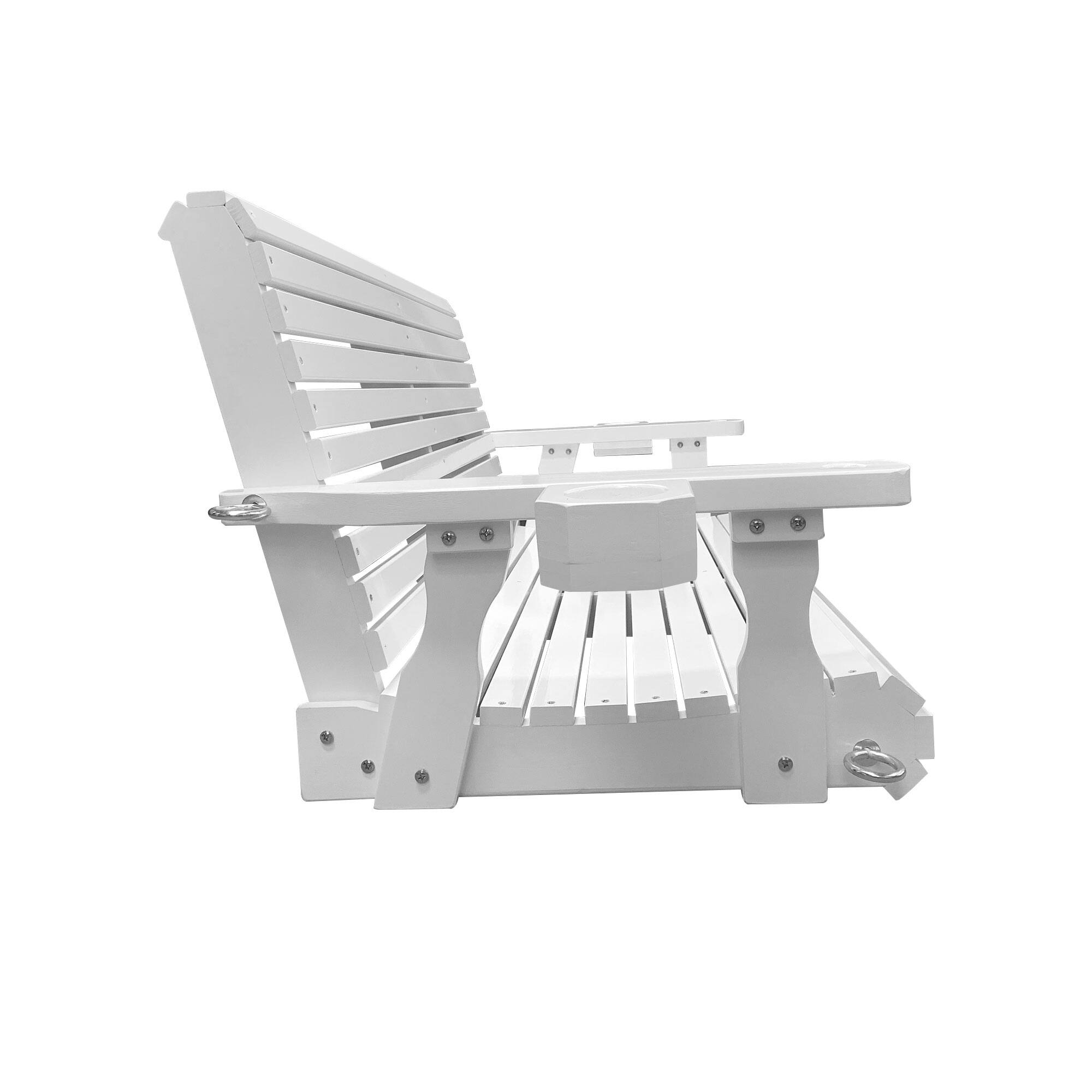 Left. Fortune Candy - Wooden Porch Swing 2-Seater, High Backrest and Deep Seat, Bench Swing with Cupholders, for Outdoor Patio Garden - White.