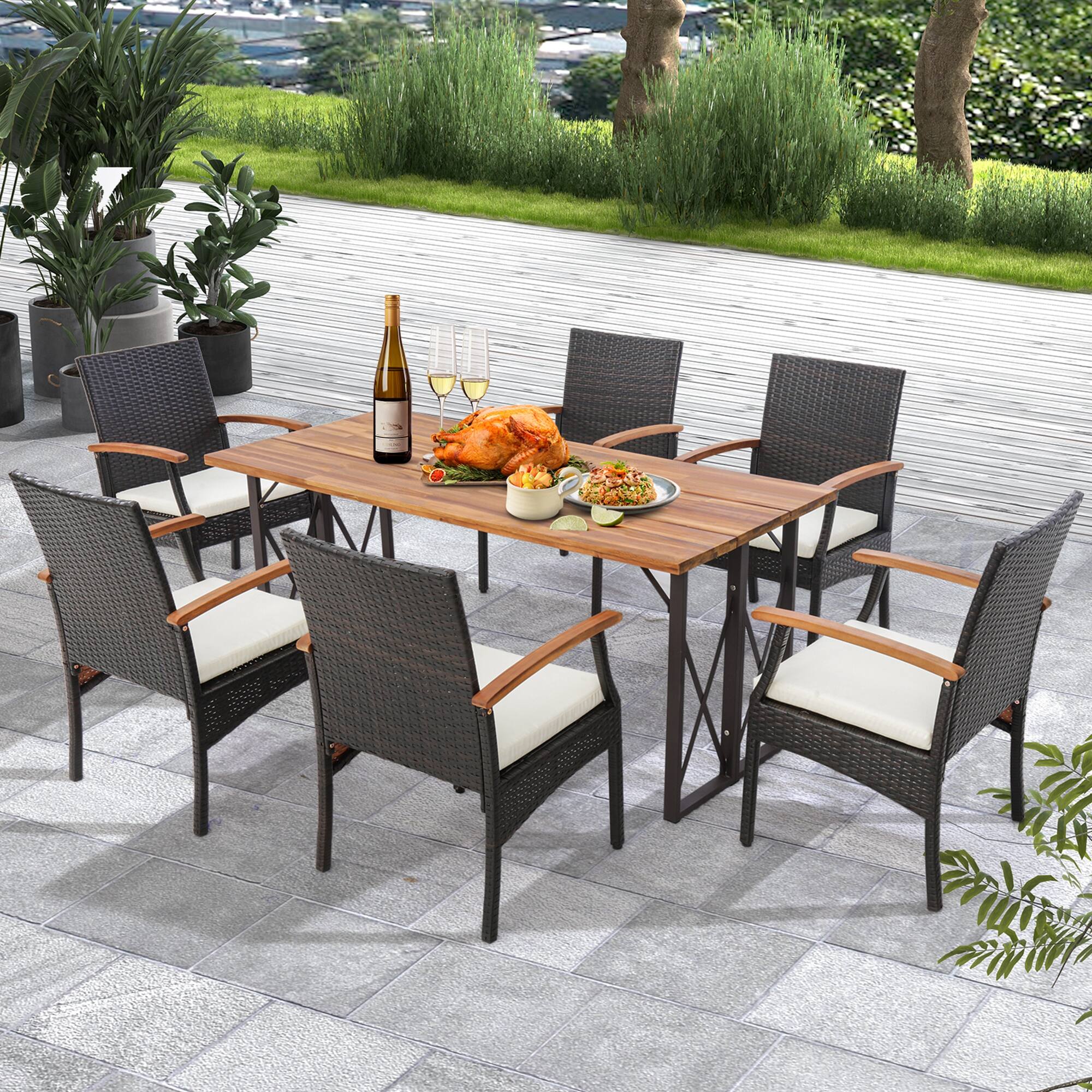Alt View 4. Costway - Costway 4PCS Patio PE Wicker Chairs Acacia Wood Armrests with Soft Zippered Cushion Balcony - Mix Brown,Off White.