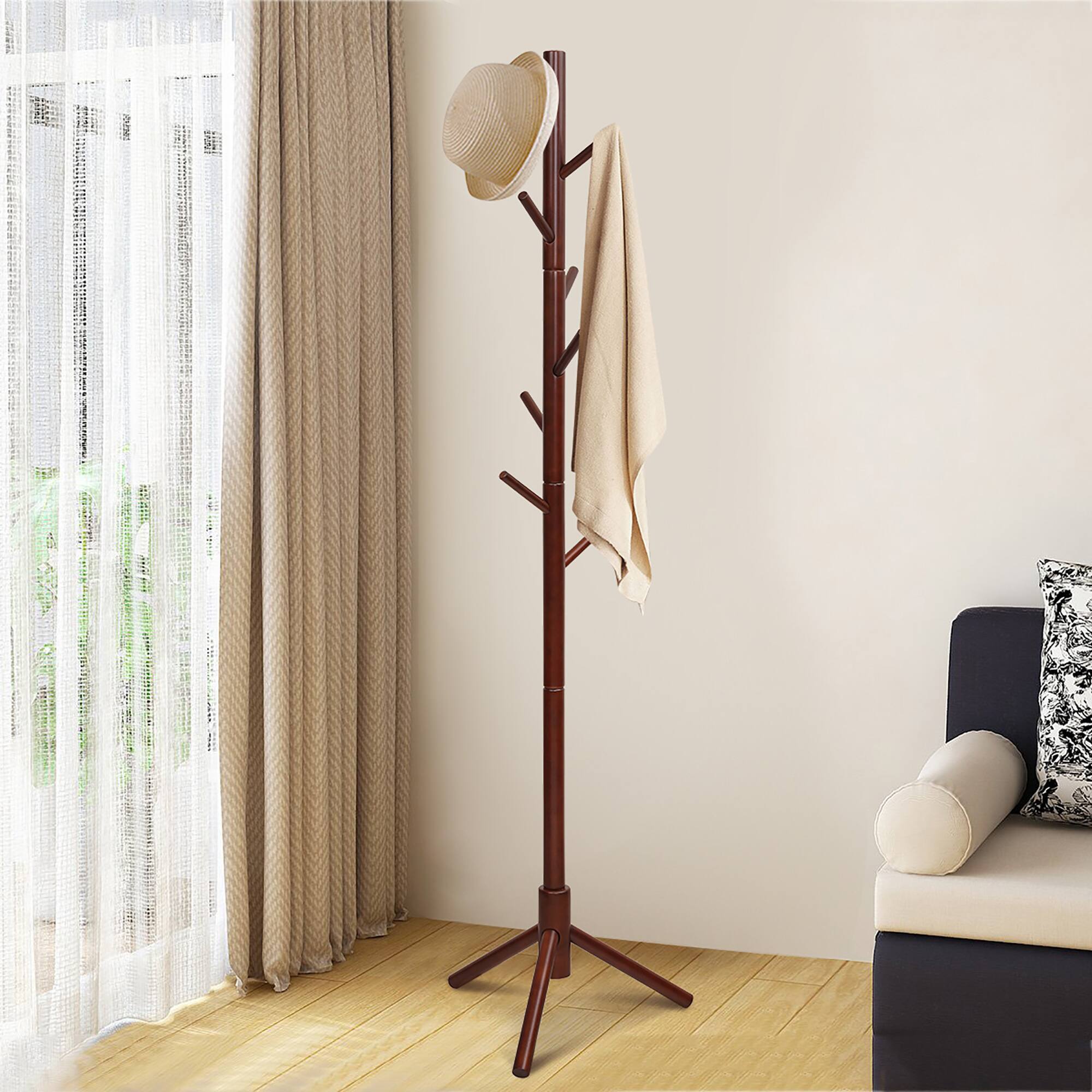 Alt View 1. Costway - Costway Wooden Coat Rack Stand Hall Tree Entryway Organizer 2 Heights w/ 8 Hooks - Walnut.