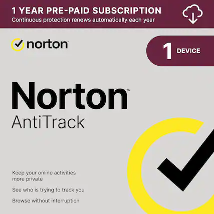 1 YEAR PRE-PAID SUBSCRIPTION
Continuous protection renews automatically each year
norton™
1 DEVICE
Norton™ AntiTrack
Keep your online activities more private
See who is trying to track you
Browse without interruption