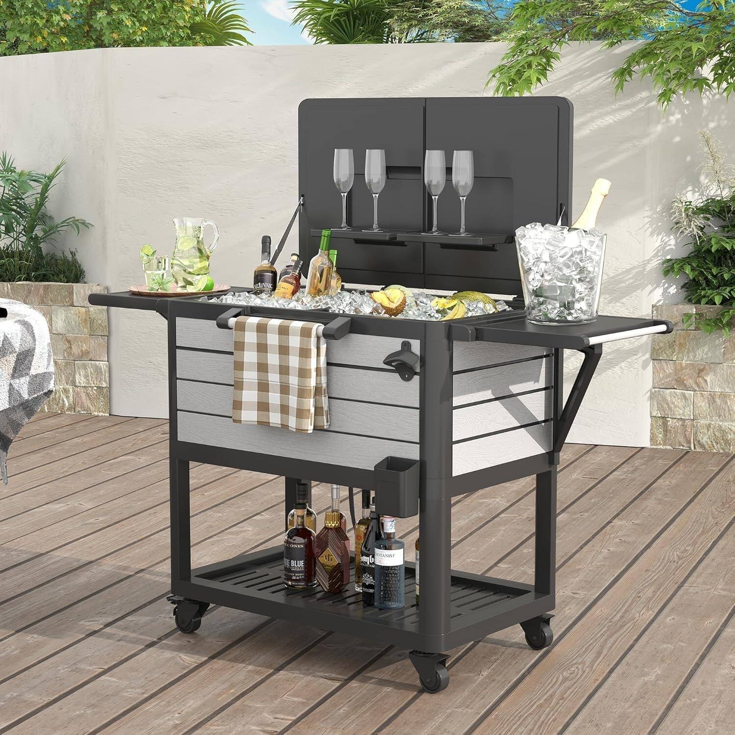 Left. Yardgrace - 104Qt Rolling Cooler Cart, Portable Ice Chest with Wheels, Outdoor Beverage Bar Cart for Pool, BBQ, Patio Parties - Grey.