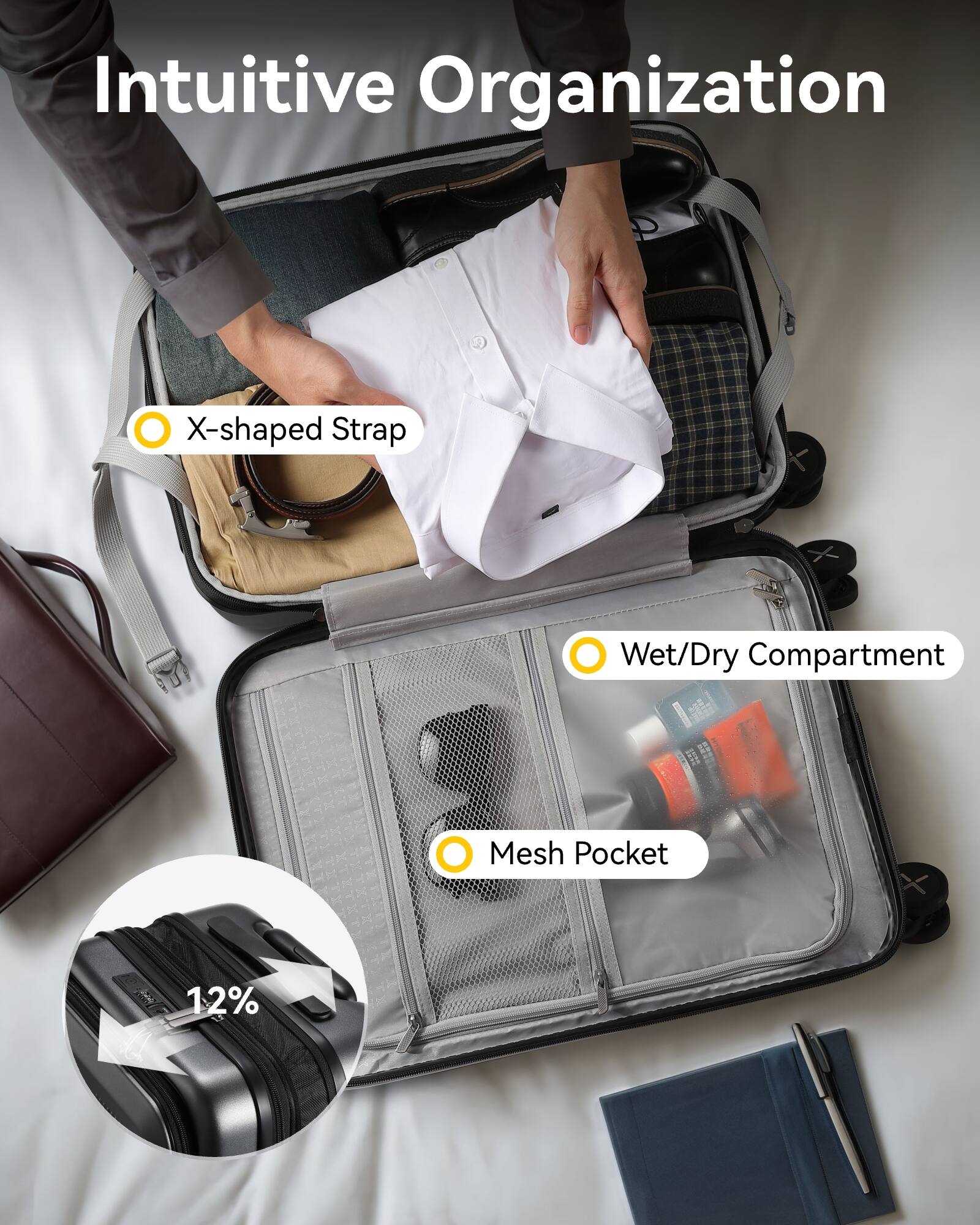 Intuitive Organization

- X-shaped Strap
- Wet/Dry Compartment
- Mesh Pocket

12%