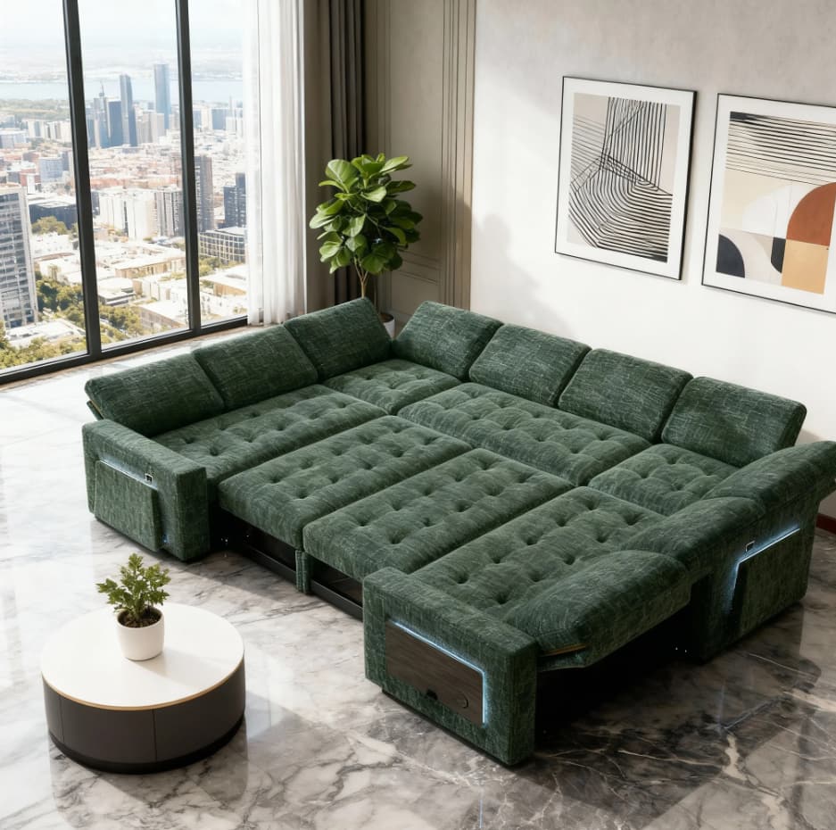 Vipbear - 8 Seat U Shaped Modular Sectional Sleeper Sofa Bed with Pull Out Bed/Reclining Backrest/USB Ports/Storage Seat - Green