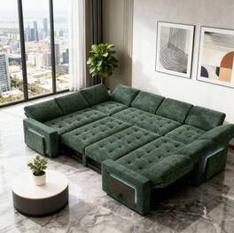 Vipbear - 8 Seat U Shaped Modular Sectional Sleeper Sofa Bed with Pull Out Bed/Reclining Backrest/USB Ports/Storage Seat - Green