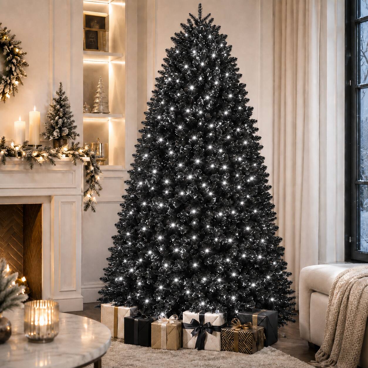 Front. Anysun - 5ft Christmas Tree with 250 White LED Lights – 1076 Tips PE+PVC Artificial Tree, Hinged Structure & Stable Stand - Black.