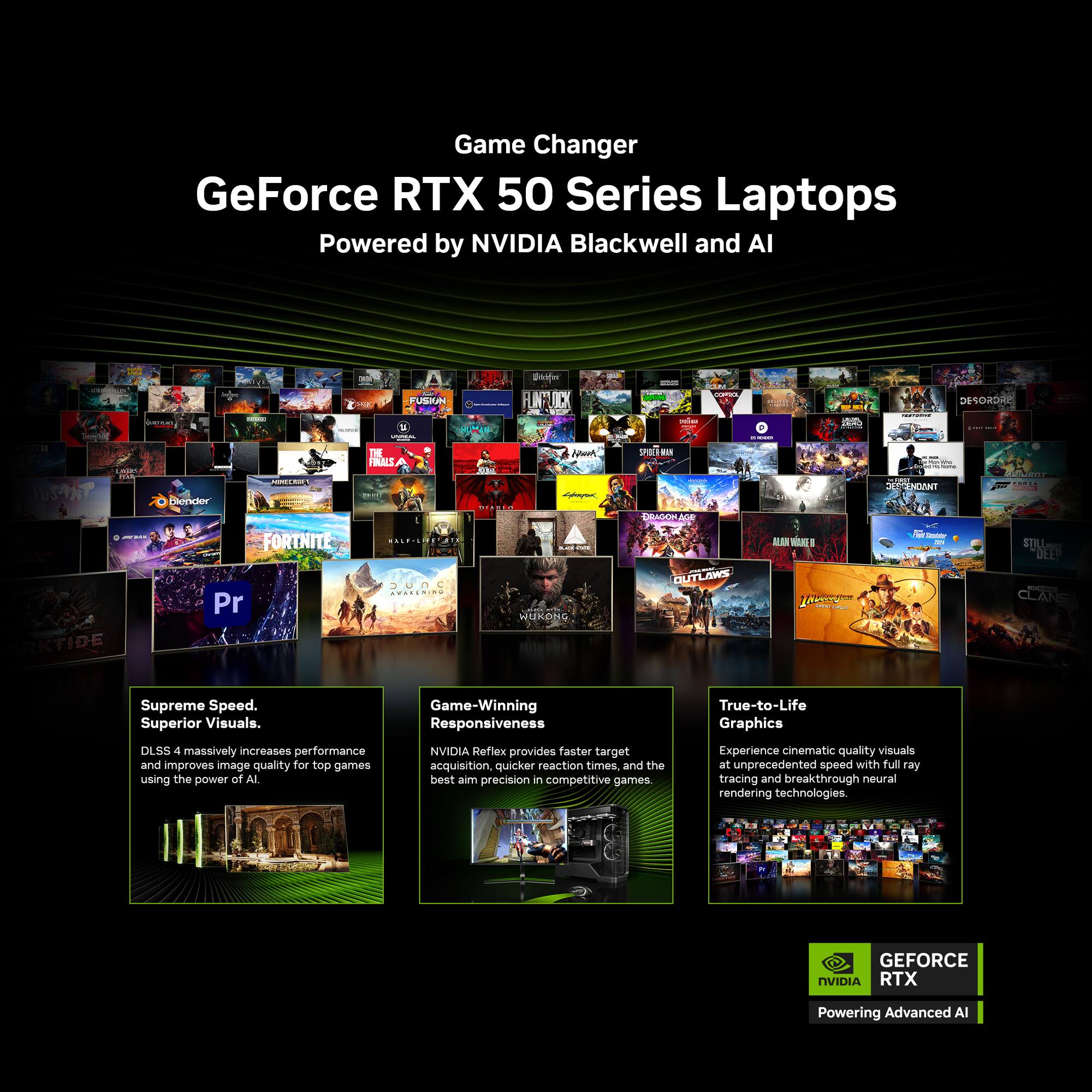 Game Changer  
GeForce RTX 50 Series Laptops  
Powered by NVIDIA Blackwell and AI

Supreme Speed.  
Superior Visuals.  
DLSS 4 massively increases performance and improves image quality for top games using the power of AI.

Game-Winning Responsiveness  
NVIDIA Reflex provides faster target acquisition, quicker reaction times, and the best aim precision in competitive games.

True-to-Life Graphics  
Experience cinematic quality visuals at unprecedented speed with full ray tracing and breakthrough neural rendering technologies.

GEFORCE RTX  
Powering Advanced AI