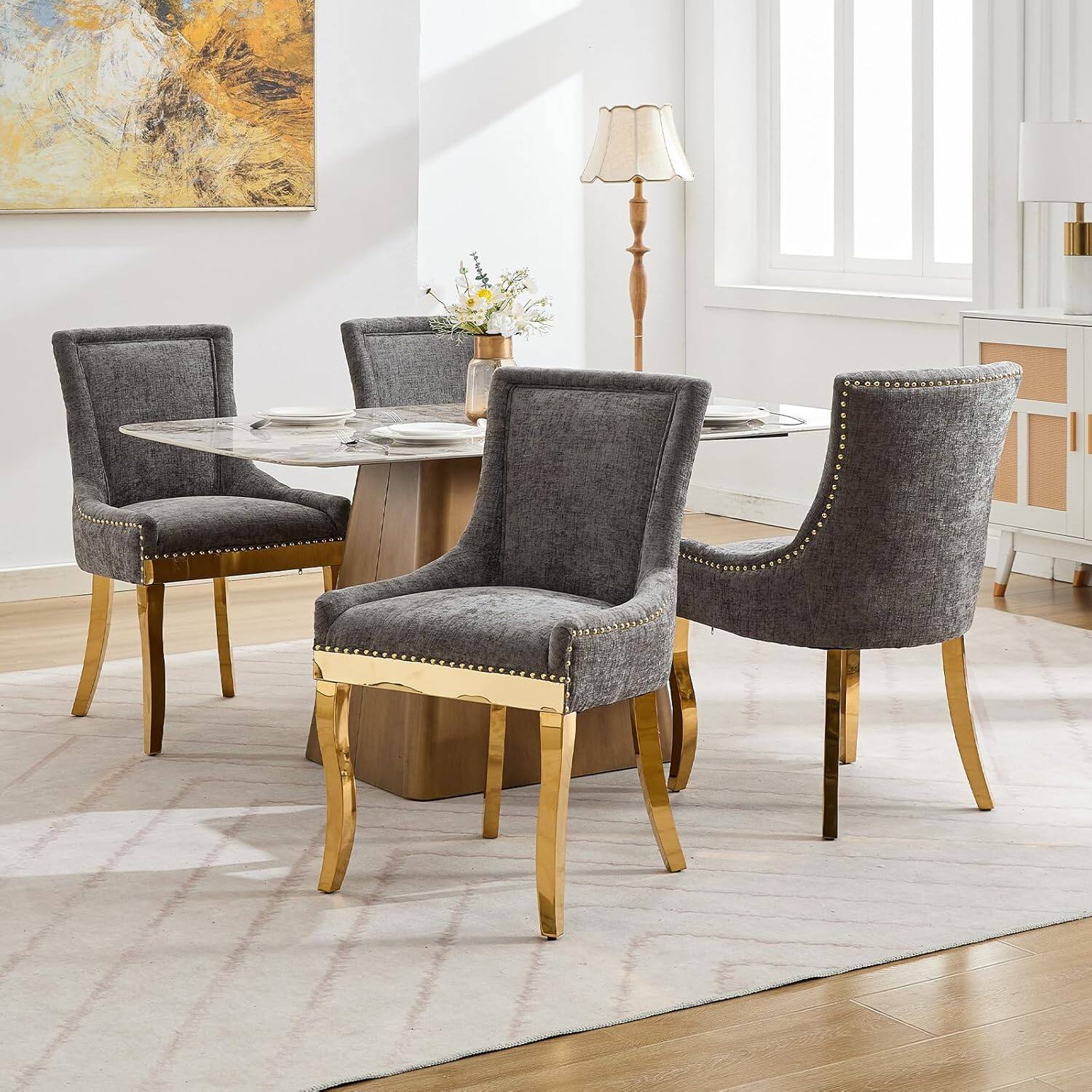 Alt View 3. Trinkets Crazed - Chenille Fabric Upholstered Side Chairs Set of 2, Solid Wood Kitchen Dining Room Chairs with Nailheads Solid Wood Legs - gray+gold.