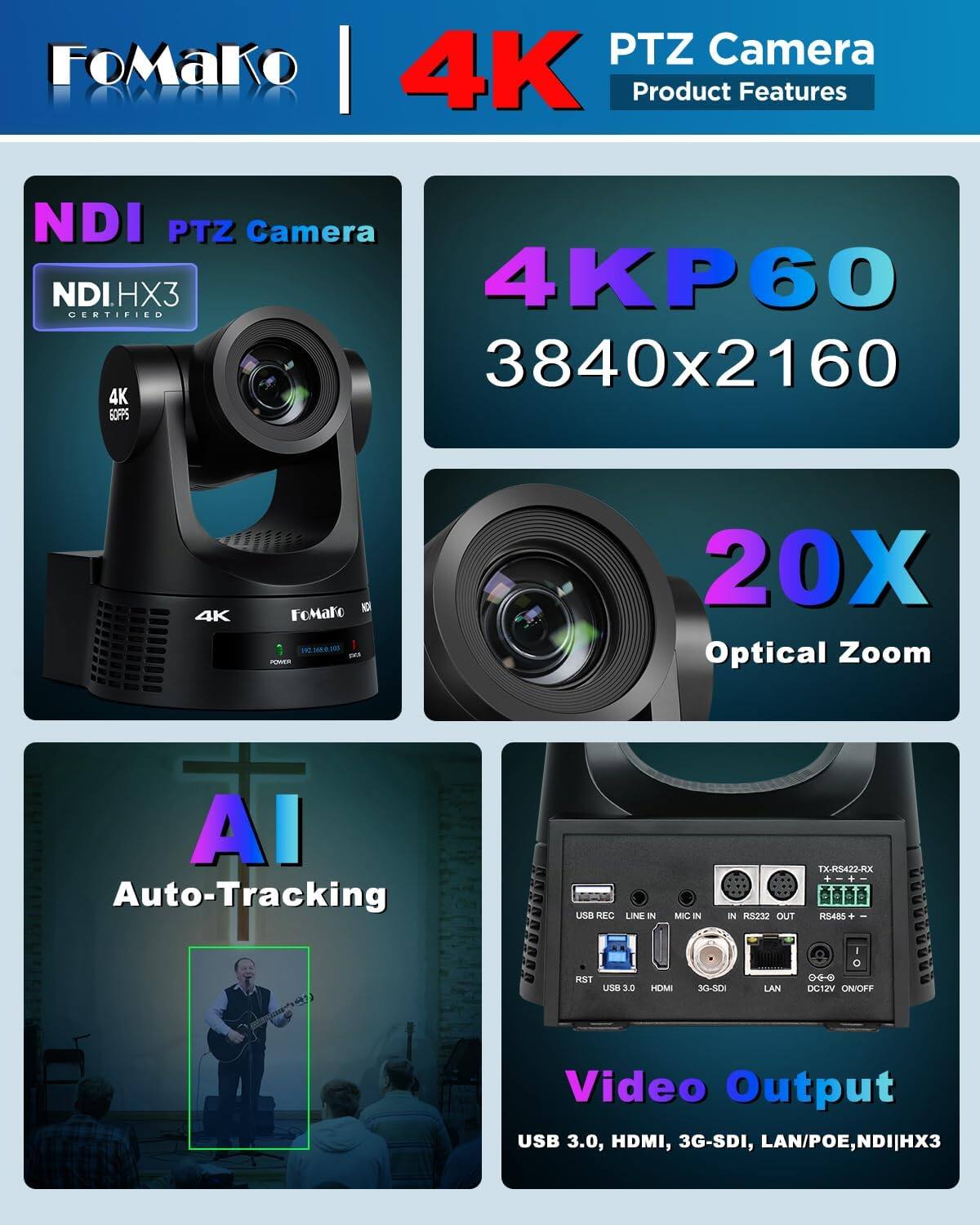 FoMaKo K600N 4K 60fps NDI PTZ Camera 20x Optical Zoom AI Auto