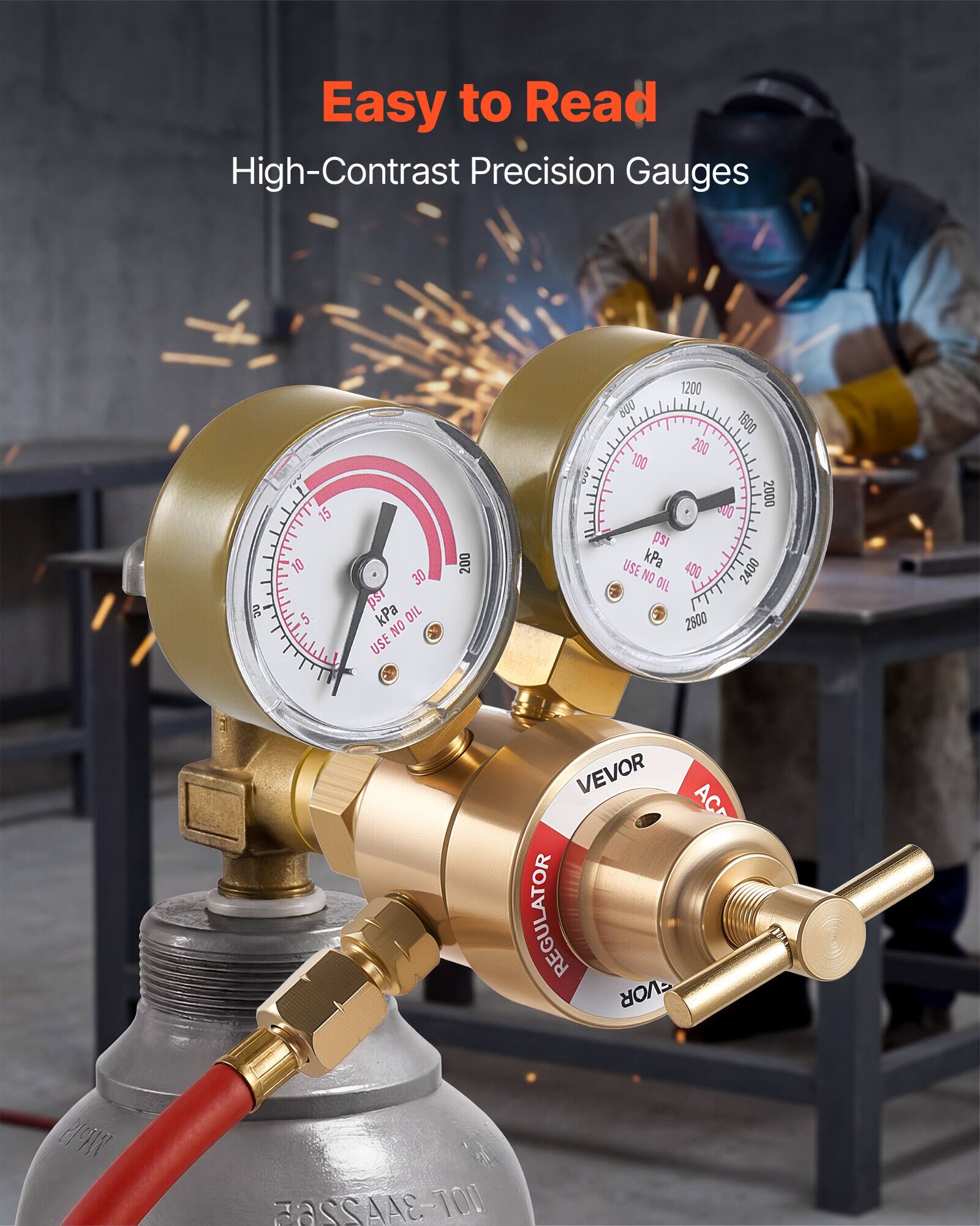 Easy to Read  
High-Contrast Precision Gauges  

1 15 D1 5 30 pSt kPa OIL  
NO USE 200 1200 6U0 1600  
200 100 i 2000 00 ps1  
USE kPa NO 400 2400 DIL 2600  

VEVOR AC REGULATOR  
DOT-3AA2265