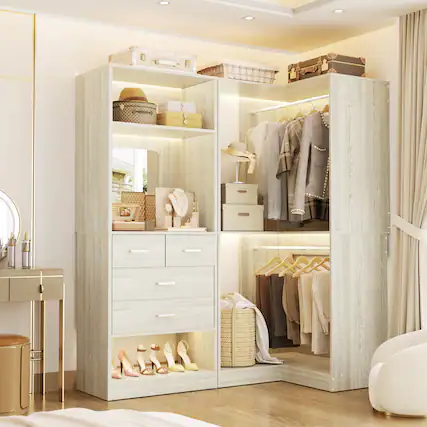 Front. Aheaplus - Freestanding 56.5" Closet Organizer System2 Piece Set, with 4 Drawers, 2 Hanging Rods, Mirror, and Shelves - Beige Oak.