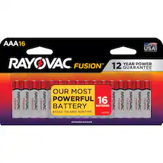 AAA 16
MADE IN THE USA
RAYOVAC FUSION
12 YEAR POWER GUARANTEE IN STORAGE
OUR MOST POWERFUL BATTERIES
BASED ON ANSI RUNTIME
ADVANCED ALKALINE