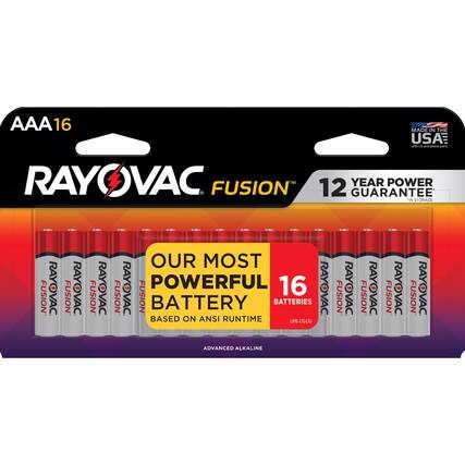 AAA 16
MADE IN THE USA
RAYOVAC FUSION
12 YEAR POWER GUARANTEE IN STORAGE
OUR MOST POWERFUL BATTERIES
BASED ON ANSI RUNTIME
ADVANCED ALKALINE