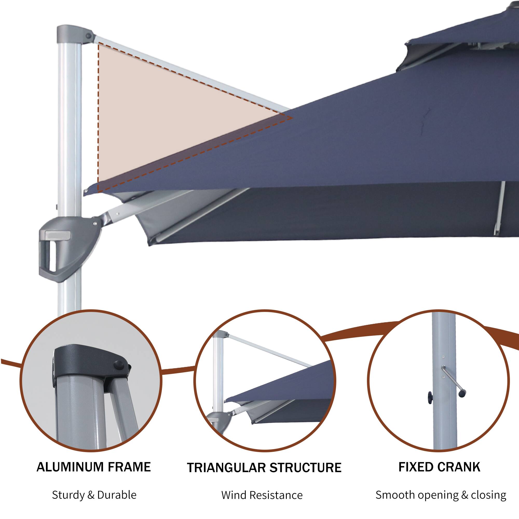 - ALUMINUM FRAME
  - Sturdy & Durable

- TRIANGULAR STRUCTURE
  - Wind Resistance

- FIXED CRANK
  - Smooth opening & closing