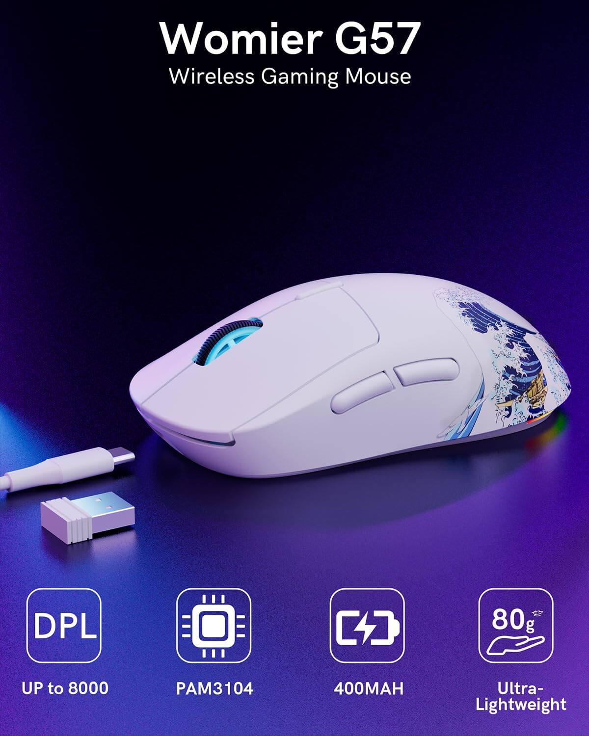Womier G57 Wireless Gaming Mouse  
DPL 1.8  
UP to 8000  
PAM3104  
400MAH  
Ultra-Lightweight  
80g