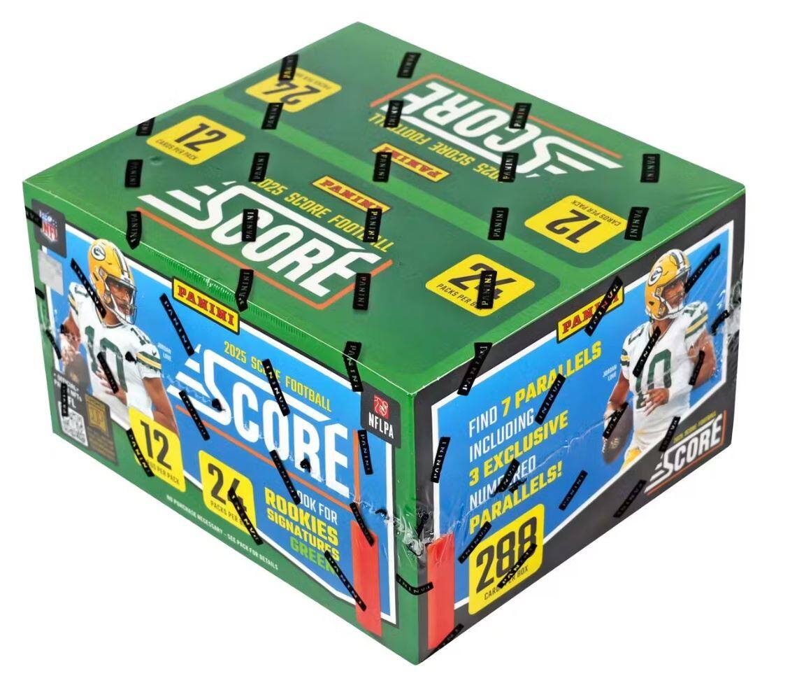 24 PACKS OF 12 CARDS  
2025 SCORE FOOTBALL  
PANINI  
12 CARDS PER PACK  
24 PACKS FOR PARALLELS!  
ROOKIES FOR SIGNATURES  
FIND 7 PARALLELS INCLUDING 3 EXCLUSIVE NUMERED PARALLELS!  
288 CARDS PER BOX  
NFLPA  
INCLUDES CARBON COX CARD