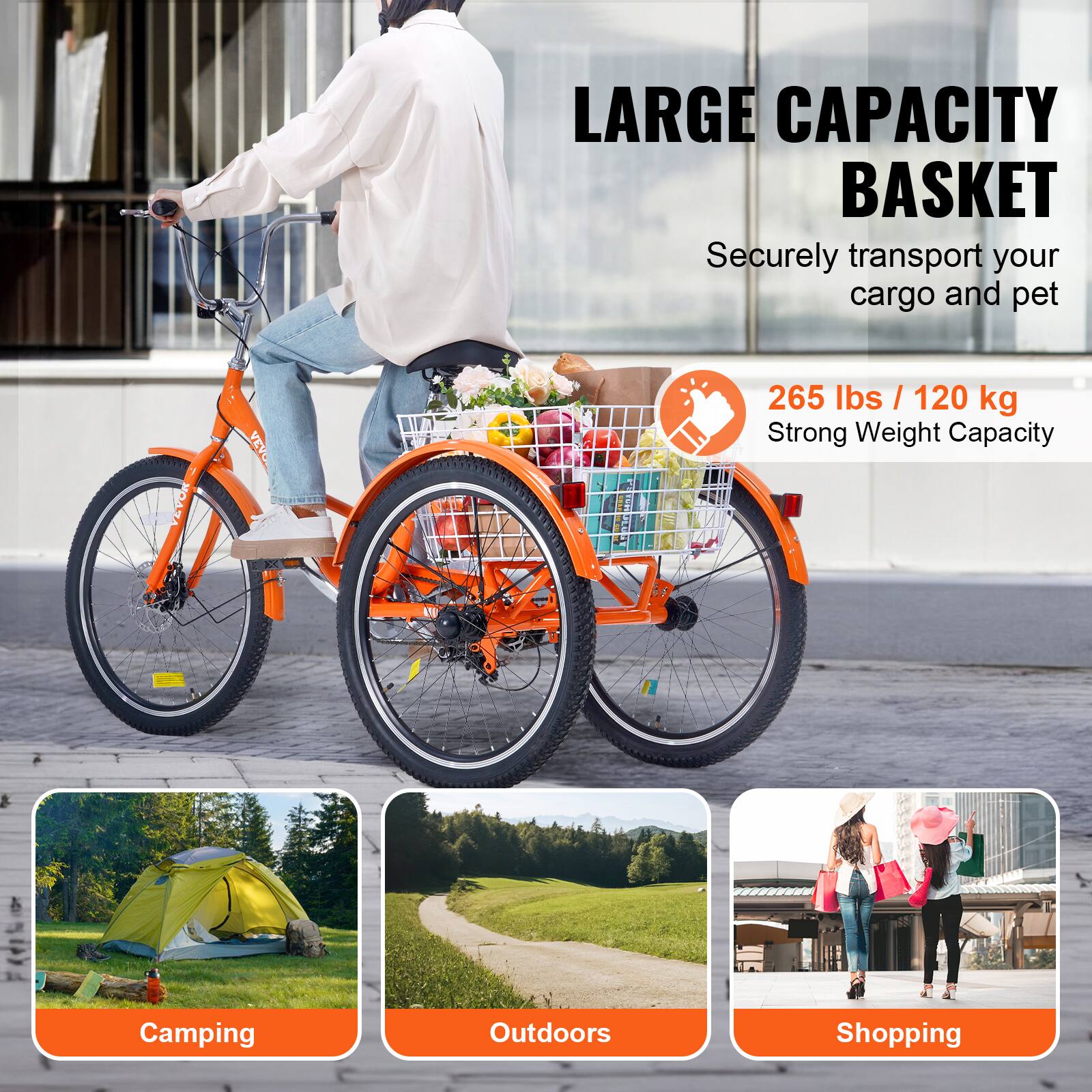 LARGE CAPACITY BASKET
Securely transport your cargo and pet
265 lbs / 120 kg
Strong Weight Capacity
Camping
Outdoors
Shopping