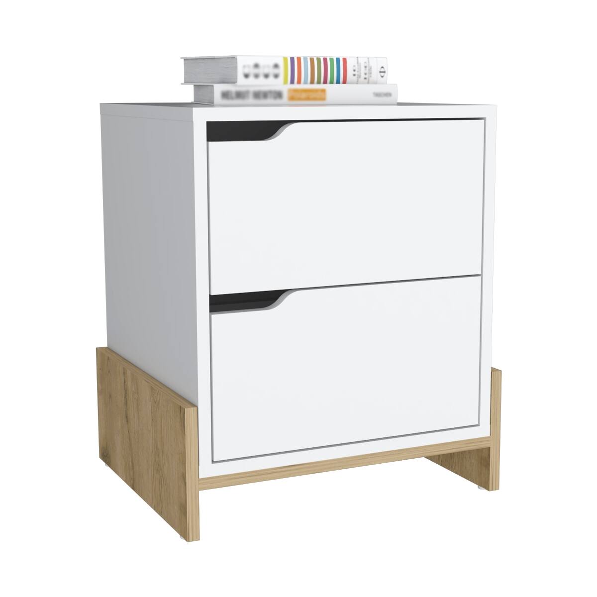 Left. Loheer - Loheer Two Drawer Nightstand, White and Macadamia Particle Board Bedside Table - White and Macadamia.