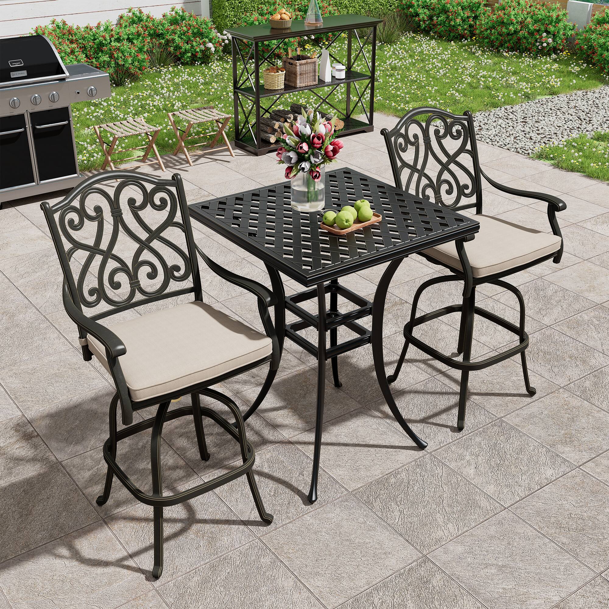Left. Mondawe - 2 - Person Square Outdoor Dining Set with Cushions - Black+Beige.