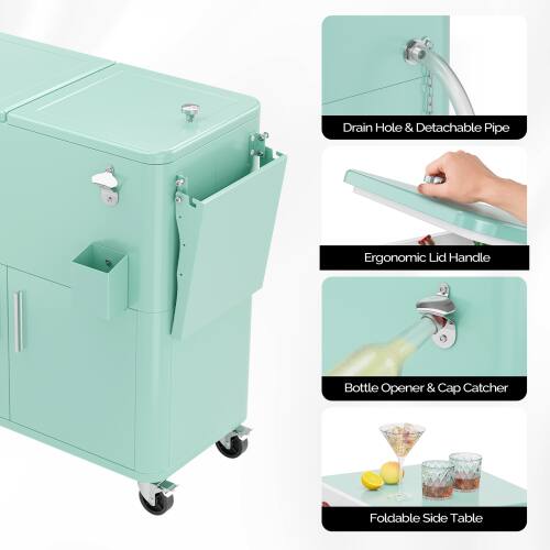 Drain Hole & Detachable Pipe  
Ergonomic Lid Handle  
Bottle Opener & Cap Catcher  
Foldable Side Table
