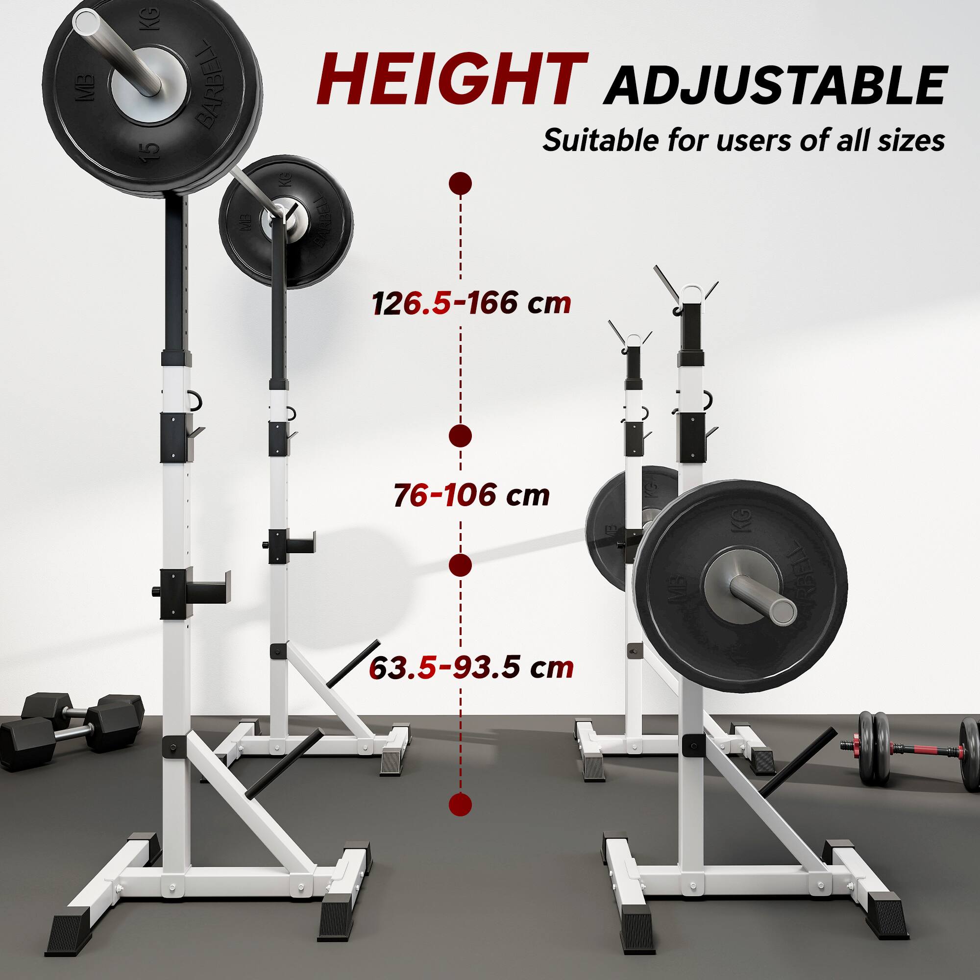 MB KG 15 BARBELL HEIGHT ADJUSTABLE  
Suitable for users of all sizes  
126.5-166 cm  
76-106 cm  
63.5-93.5 cm  
MB Mec BBELL