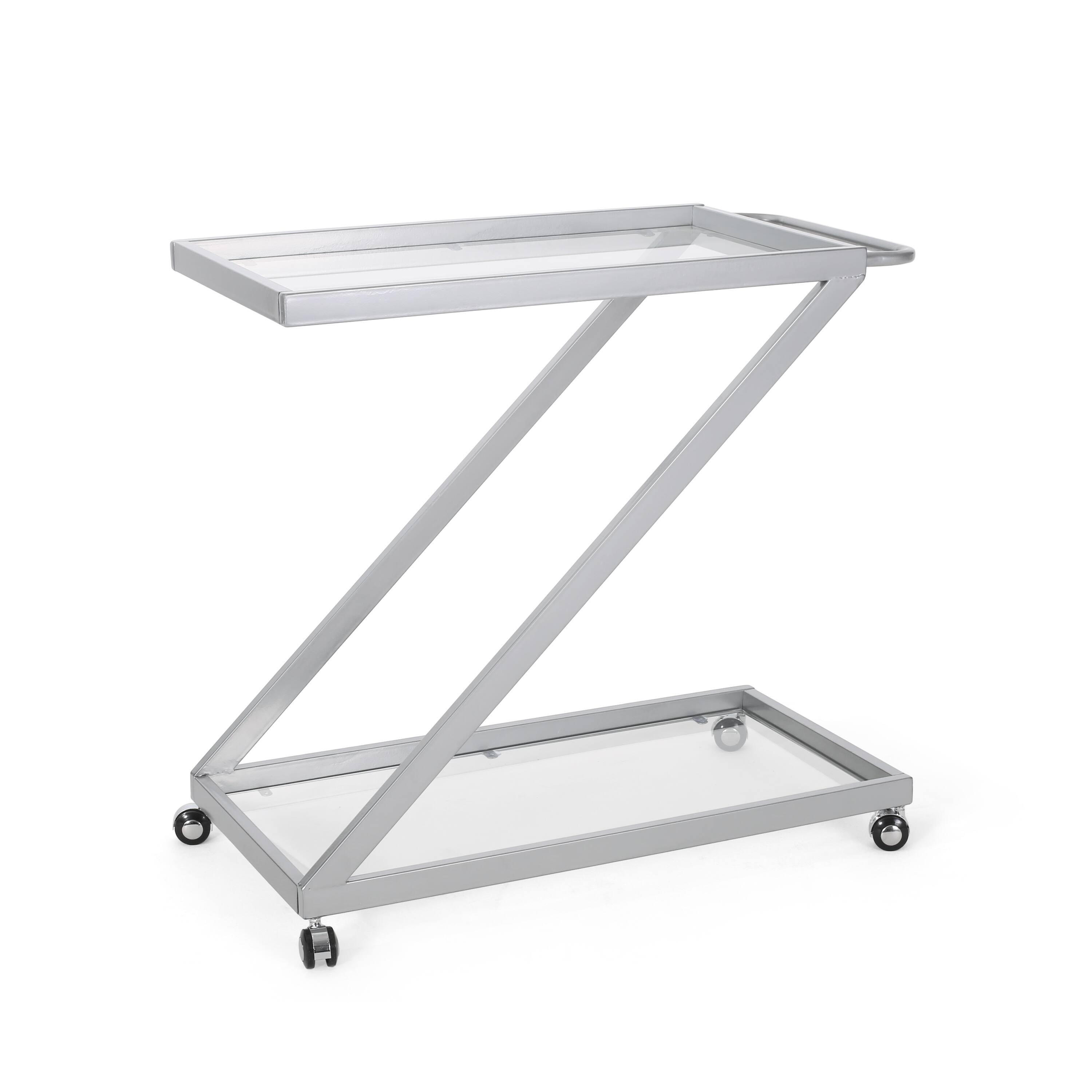 Alt View 2. APRILSOUL - Z Frame Glass Bar Cart Rolling Iron Locking Wheels Modern Minimalist Serving Trolley - Silver.