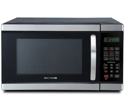 9 12:08 Time Cook Time Defrost Defrost Power Door Open Timer Clock Popcorn Potato Pizza Frozen Vegetable Dinner Plate EXPRESS COOK 1 2 3 4 5 6 7 8 9 FARBERWARE STOP red Bros 20 0 START VEMER +C