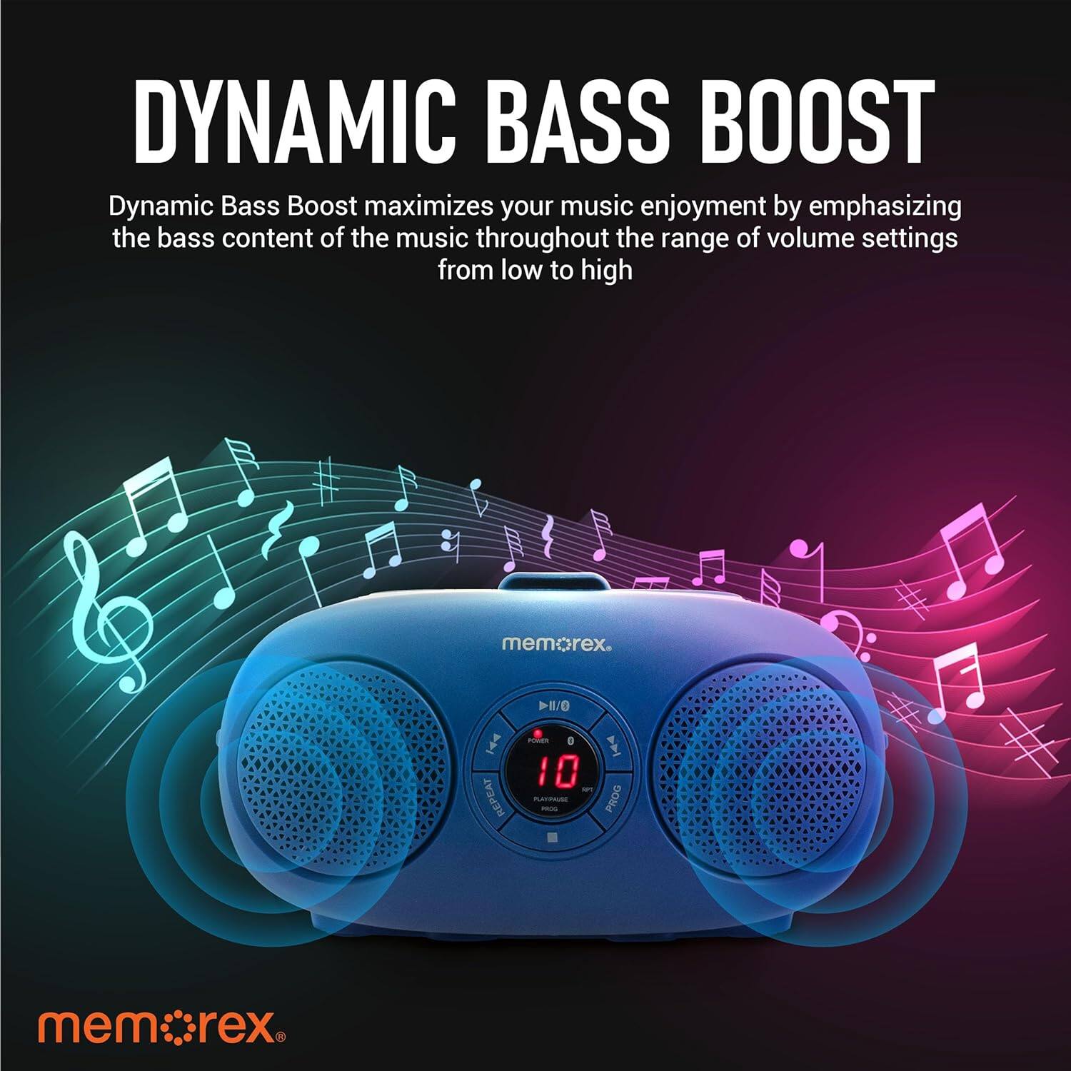 DYNAMIC BASS BOOST Dynamic Bass Boost maximizes your music enjoyment by emphasizing the bass content of the music throughout the range of volume settings from low to high memorex. I/O I REPEAT P 0 10 - - I PROG mem.crex rex