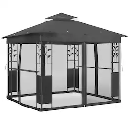 Outsunny - x 10' Outdoor Gazebo with Shelves and Netting, UV30+ Double Roof Patio Gazebo for Lawn - Dark Gray